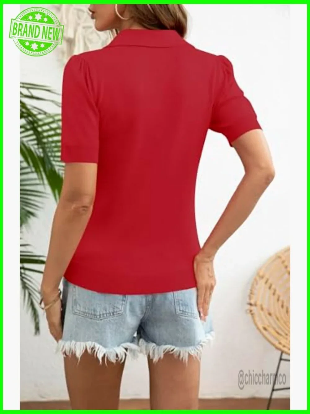 Short Sleeve V-Neck Polo Sweater Pullover Lightweight Ribbed Knit Top